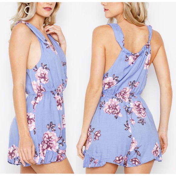 Lilac Floral Surplice V Neck Ruffle Pretty Romper - Picture 3 of 8